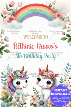 Rainbow Unicorn 5th Birthday Invitation with Floral Accents