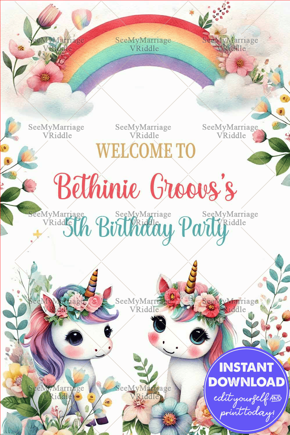 Rainbow Unicorn 5th Birthday Invitation with Floral Accents