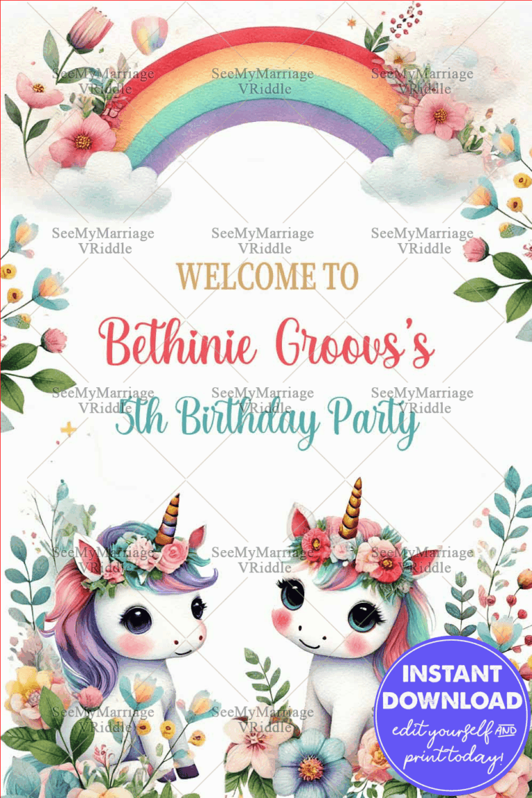 Rainbow Unicorn 5th Birthday Invitation with Floral Accents