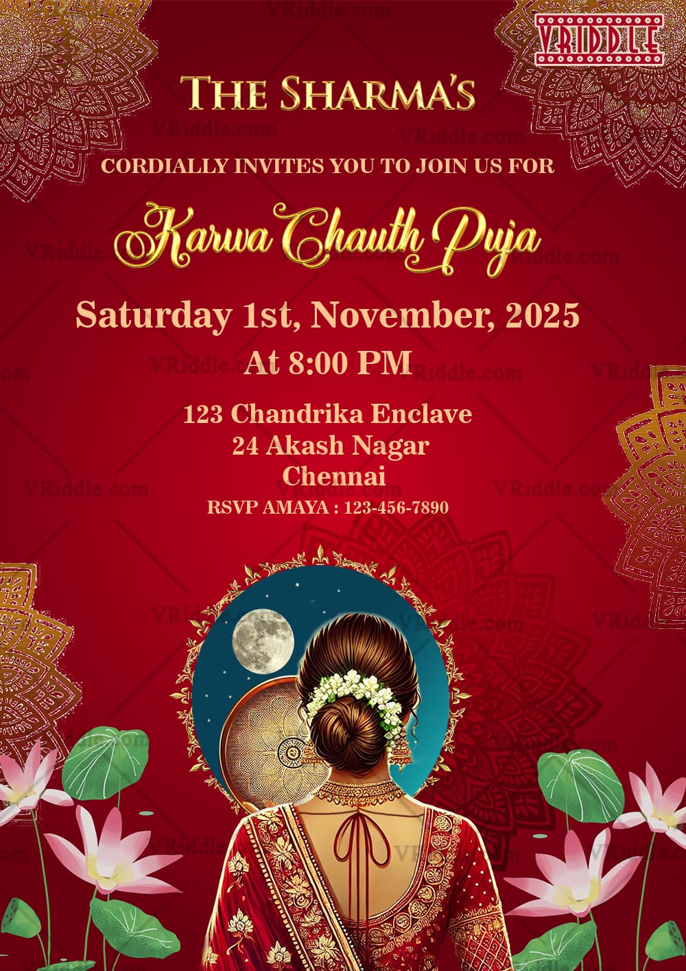 Red Gold Karwa Chauth Invitation Elegant Traditional Puja Card