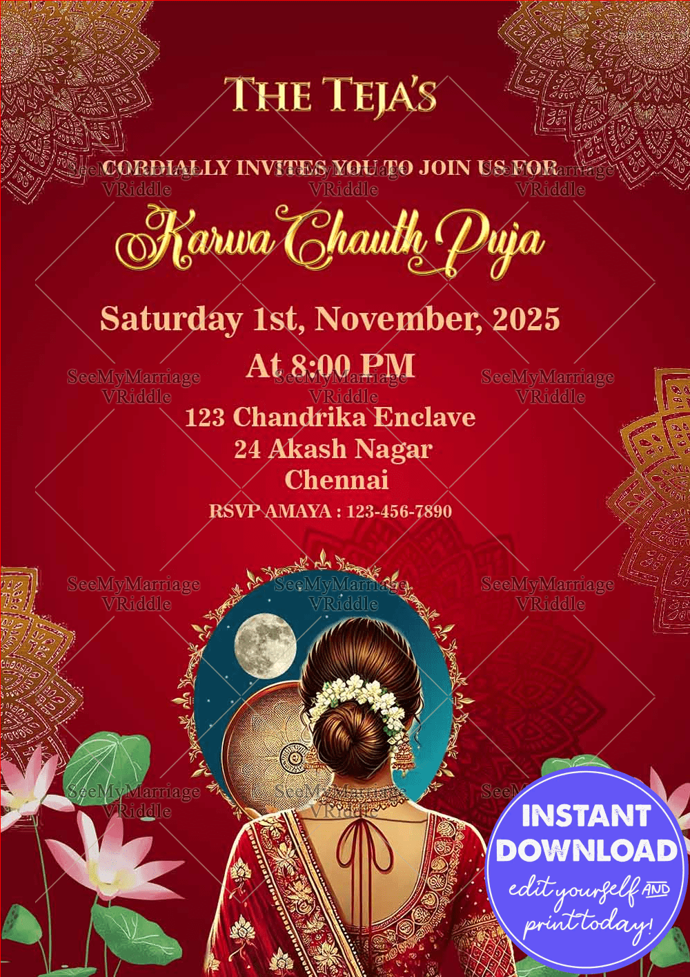 Red Gold Karwa Chauth Invitation Elegant Traditional Puja Card