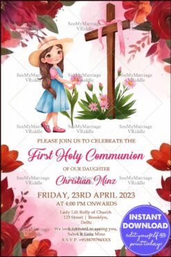 Red-Themed First Holy Communion Invitation with Cross and Floral Motifs Featuring a Young Girl Illustration