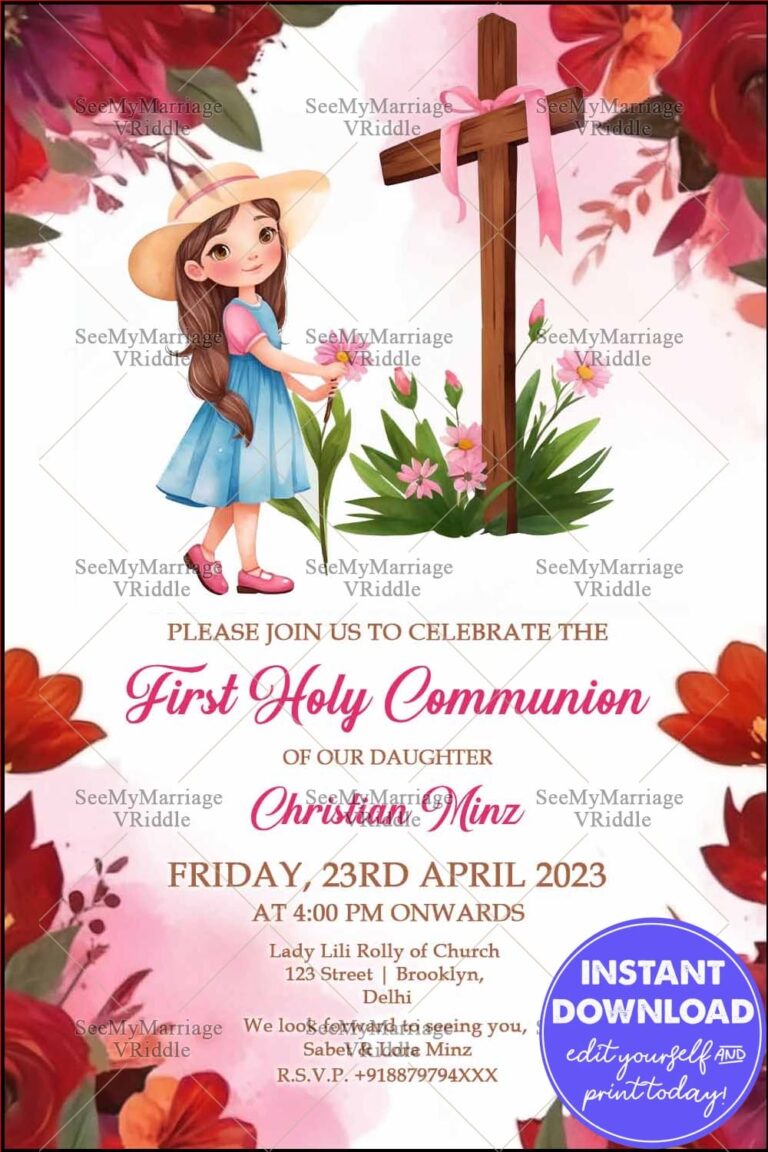 Red-Themed First Holy Communion Invitation with Cross and Floral Motifs Featuring a Young Girl Illustration