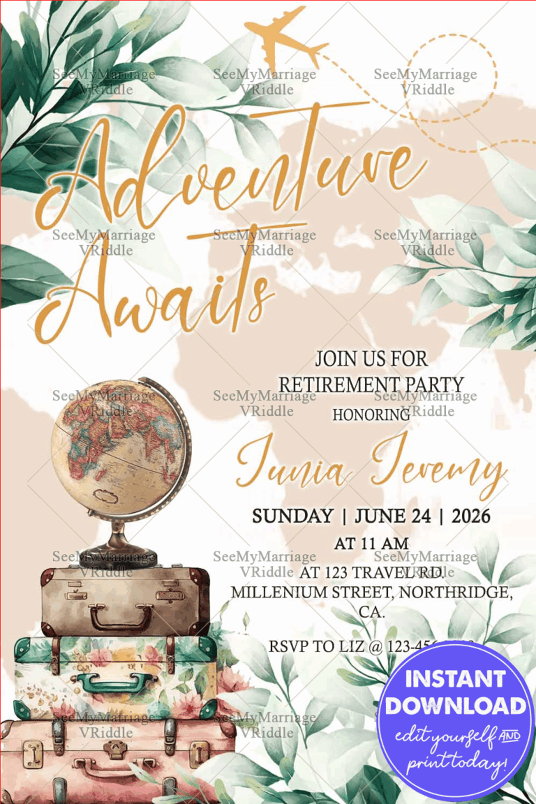 Retirement Party Invitation Featuring Travel Motifs, Watercolor Suitcases, and Floral Accents