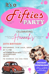 Retro 1950s-Themed 25th Birthday Invitation with Vintage Car Illustration, Pinup Art, and a Sky Blue Backdrop
