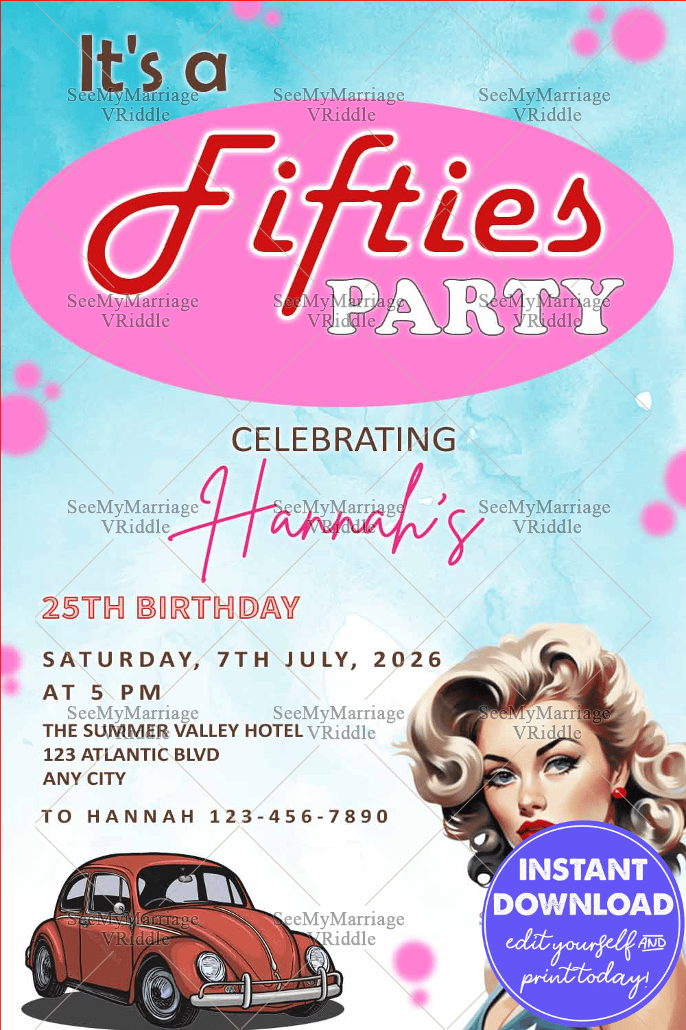 Retro 1950s-Themed 25th Birthday Invitation with Vintage Car Illustration, Pinup Art, and a Sky Blue Backdrop