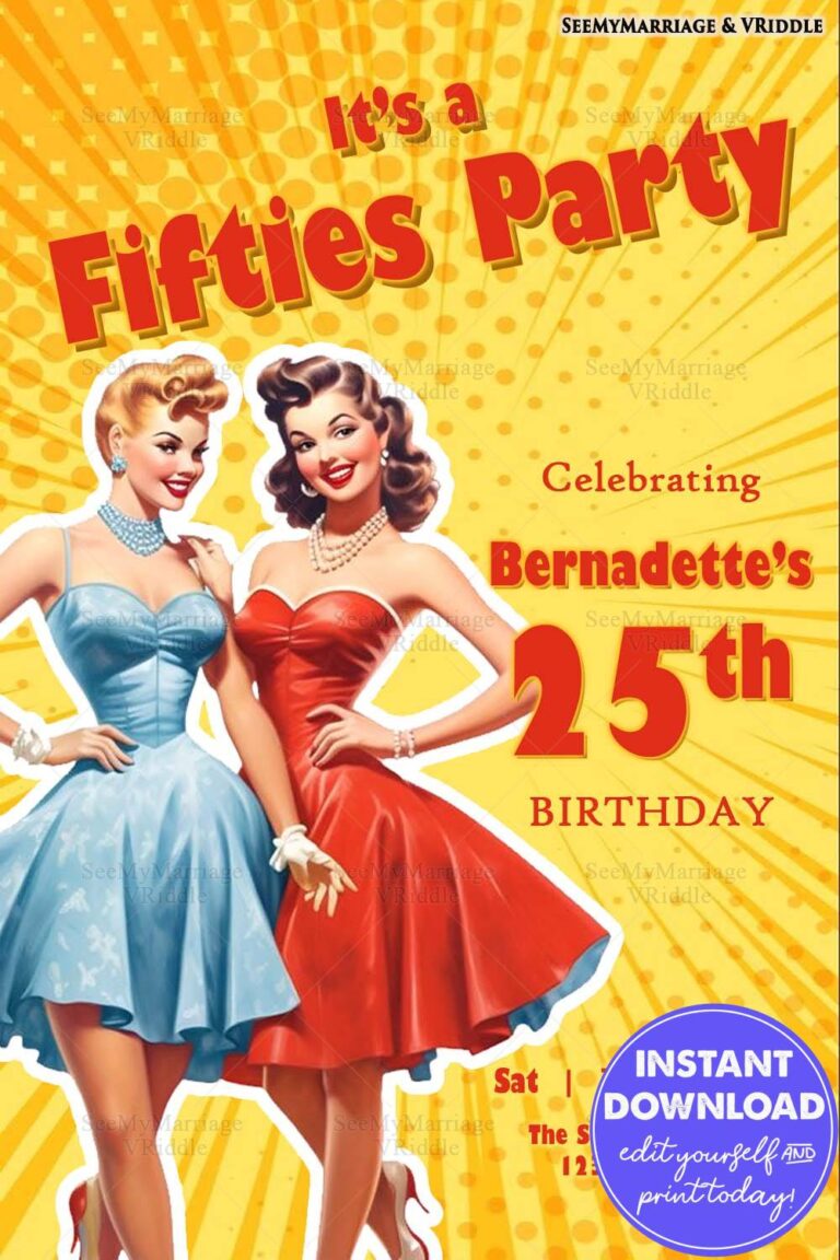 Retro Fifties-Themed 25th Birthday Invitation with Vintage Dressed Women and Bold Typography