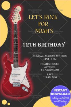 Rock-Themed Birthday Invitation with Red Electric Guitar Illustration and Yellow Accents