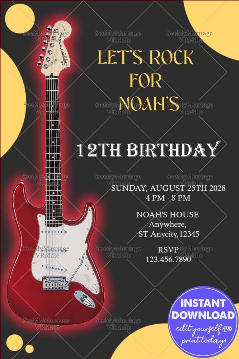 Rock-Themed Birthday Invitation with Red Electric Guitar Illustration and Yellow Accents