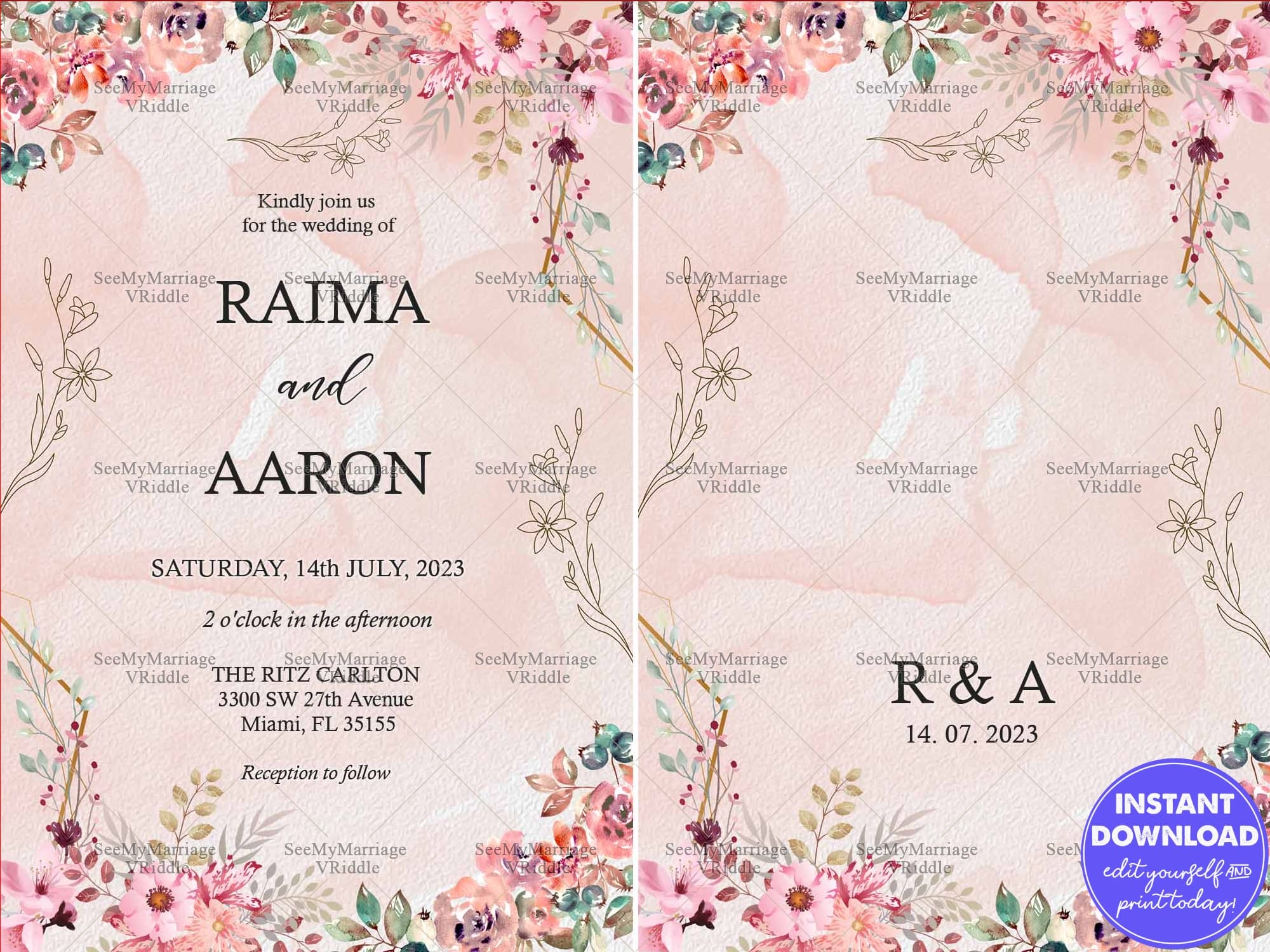 Romantic Pink Floral Wedding Invitation with Watercolour Background and Elegant Typography