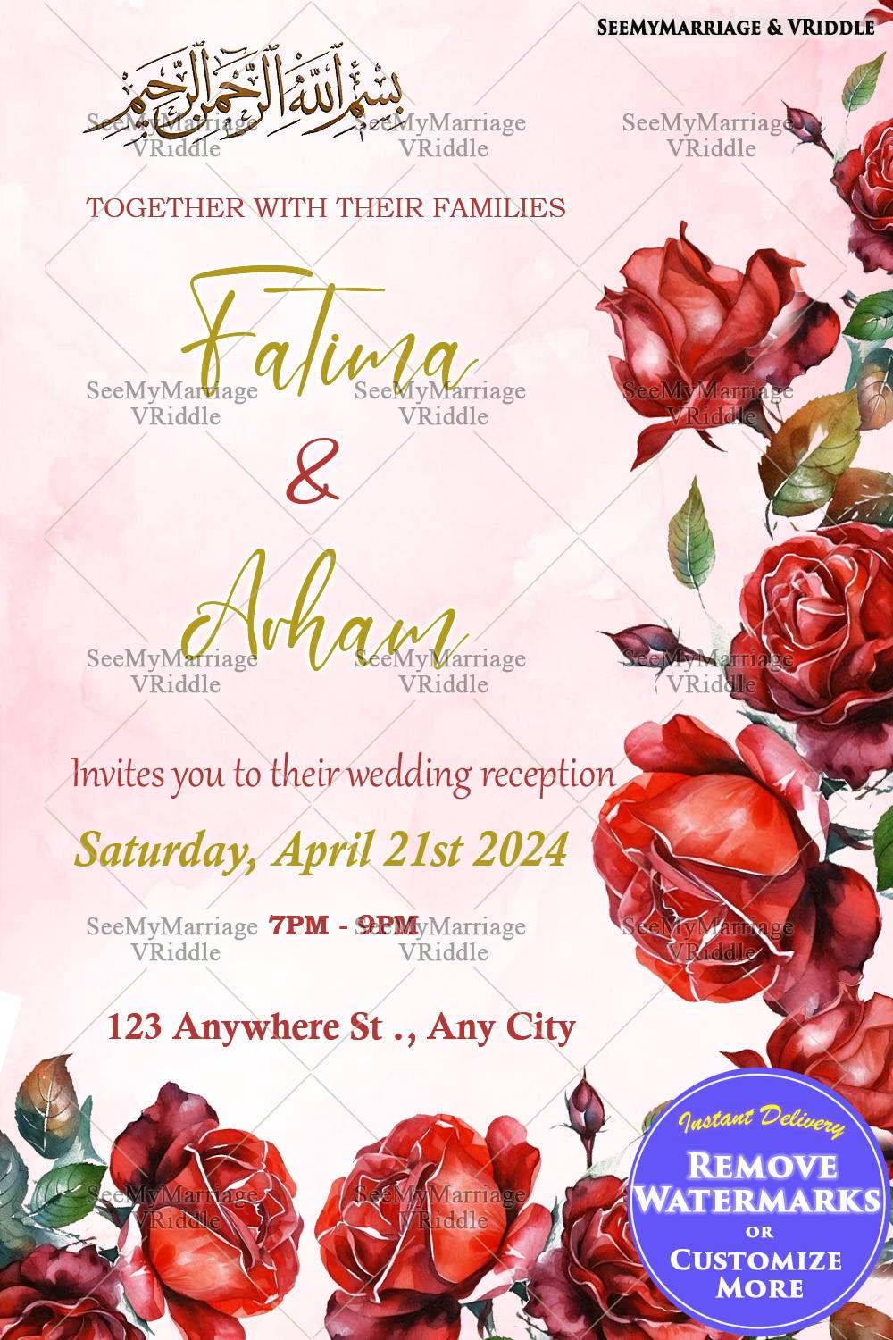 Romantic Red Rose Wedding Reception Invitation with Blush Pink Background