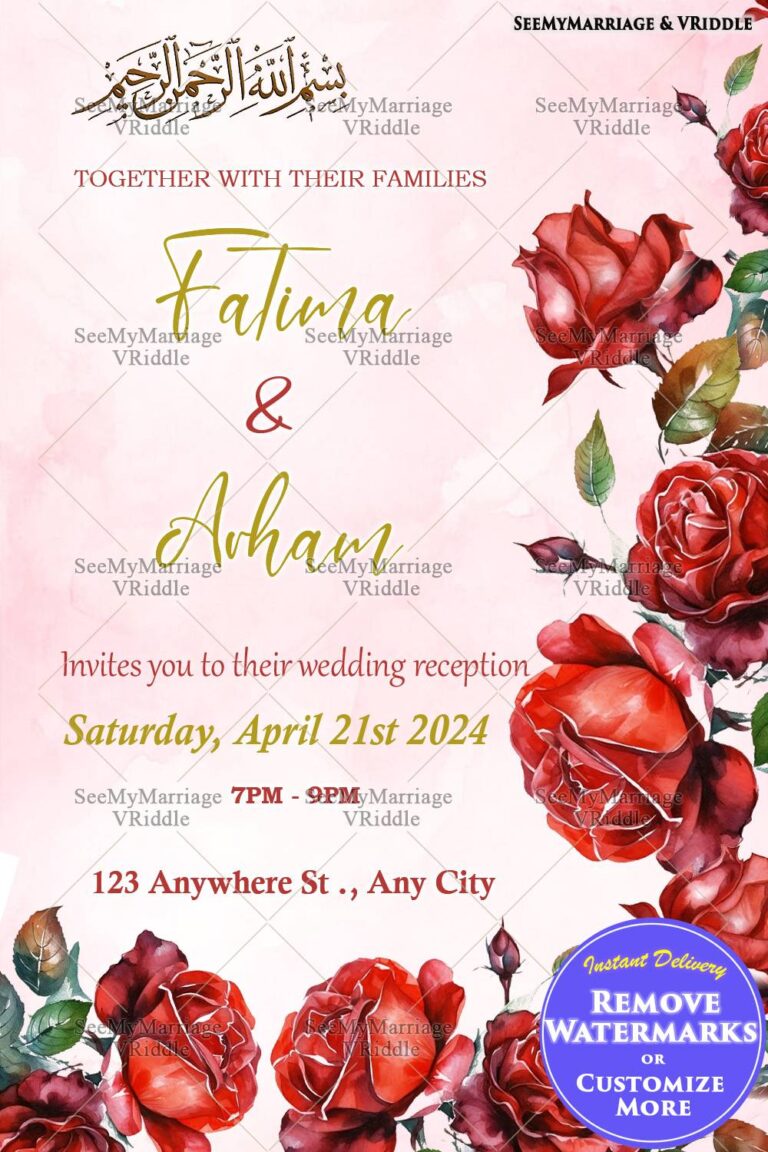 Romantic Red Rose Wedding Reception Invitation with Blush Pink Background