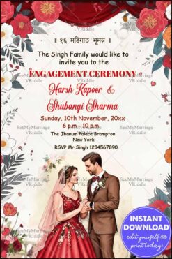 Romantic Red-Themed Engagement with Floral Frame Decors and Couple Illustration