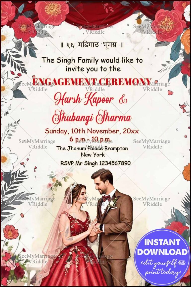 Romantic Red-Themed Engagement with Floral Frame Decors and Couple Illustration