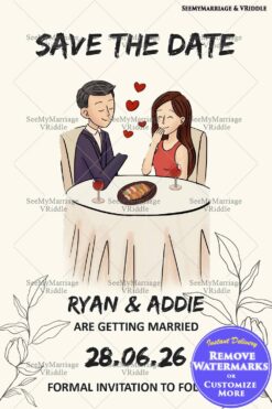 Romantic Save-the-Date Invitation with Cartoon Couple Illustration for Upcoming Wedding