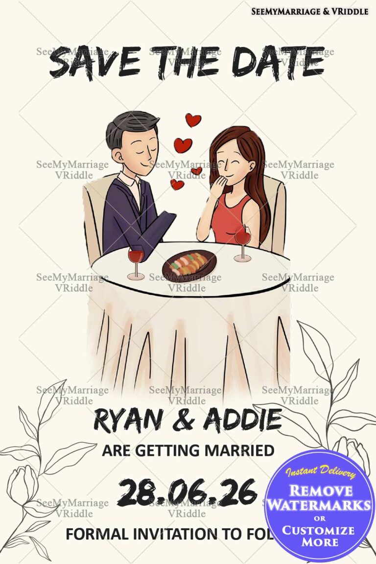 Romantic Save-the-Date Invitation with Cartoon Couple Illustration for Upcoming Wedding