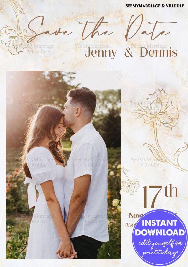 Romantic Save-the-Date Wedding Announcement with Minimalist Floral Illustrations and Marble Background