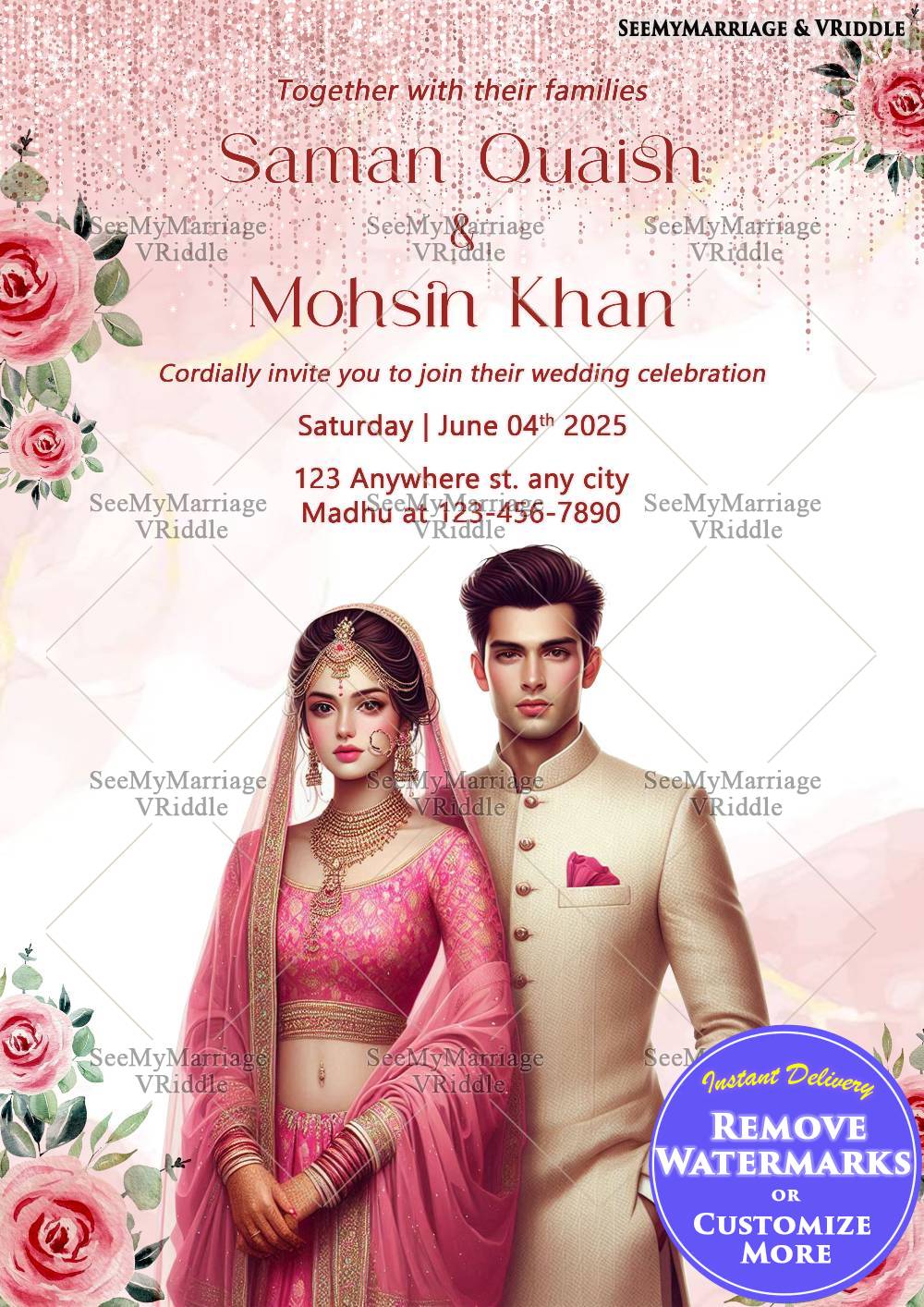 Romantic Soft Pink Rose Details Wedding Invitation with Indian Traditional Bride & G