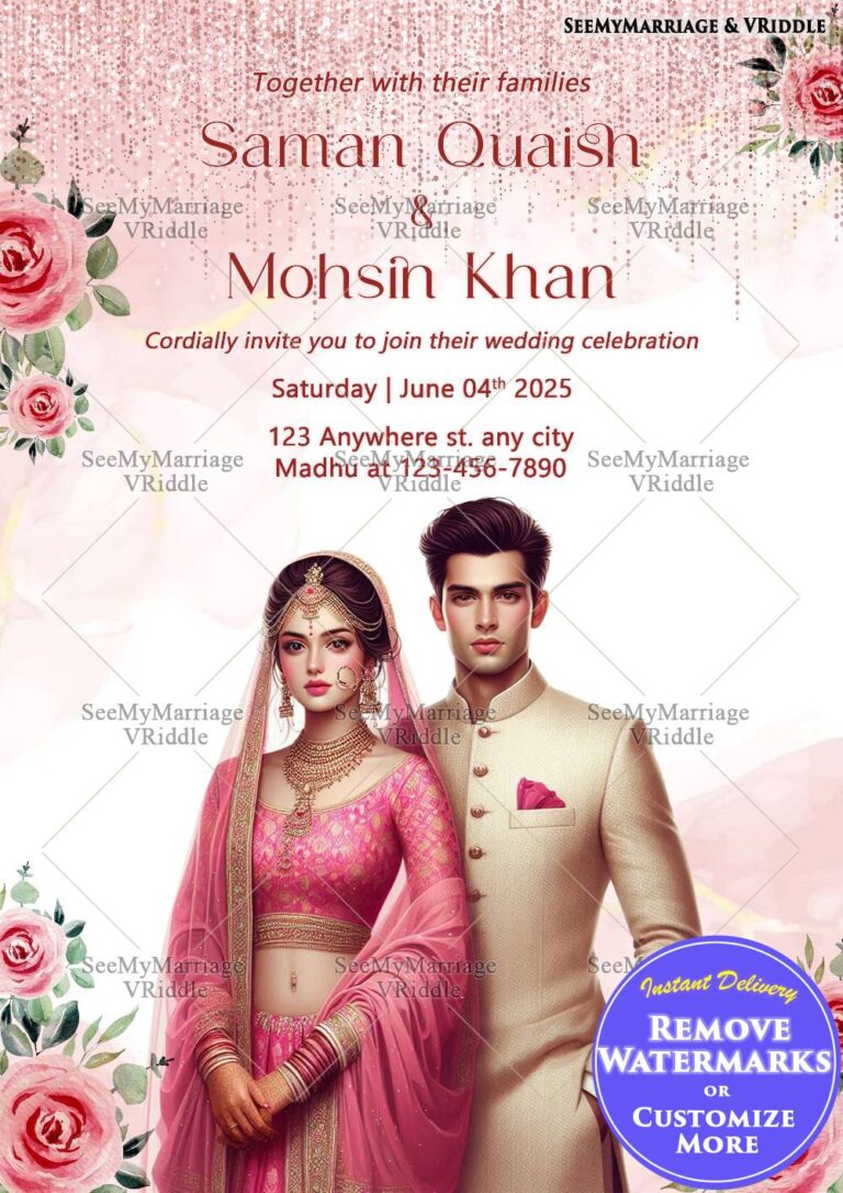Romantic Soft Pink Rose Details Wedding Invitation with Indian Traditional Bride & Groom
