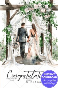 Romantic Wedding Congratulations Card with Aesthetic Floral and Watercolour Style Couple Illustration