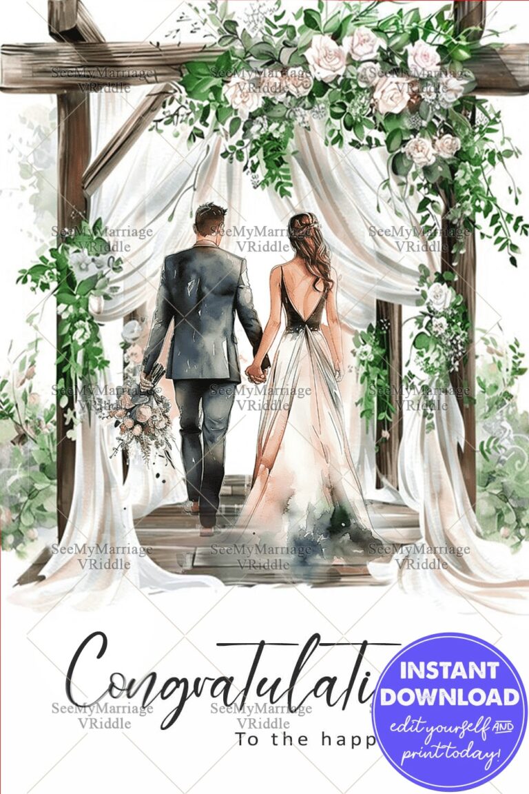 Romantic Wedding Congratulations Card with Aesthetic Floral and Watercolour Style Couple Illustration