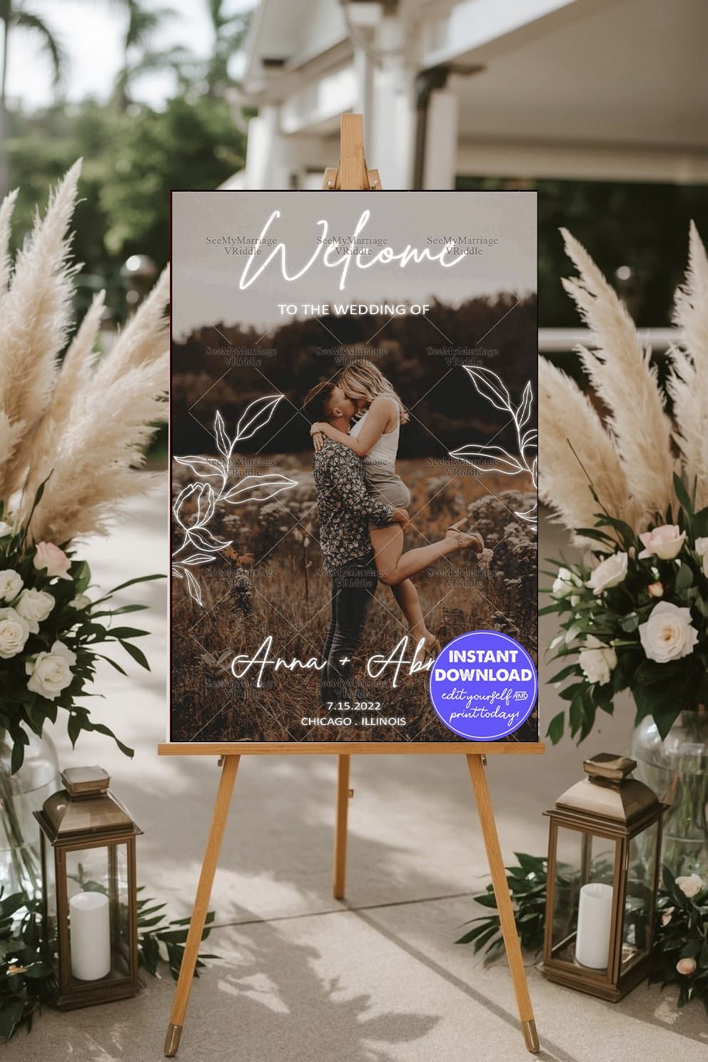Romantic Wedding Welcome Banner with Couple Photo and Floral Line Art Accents
