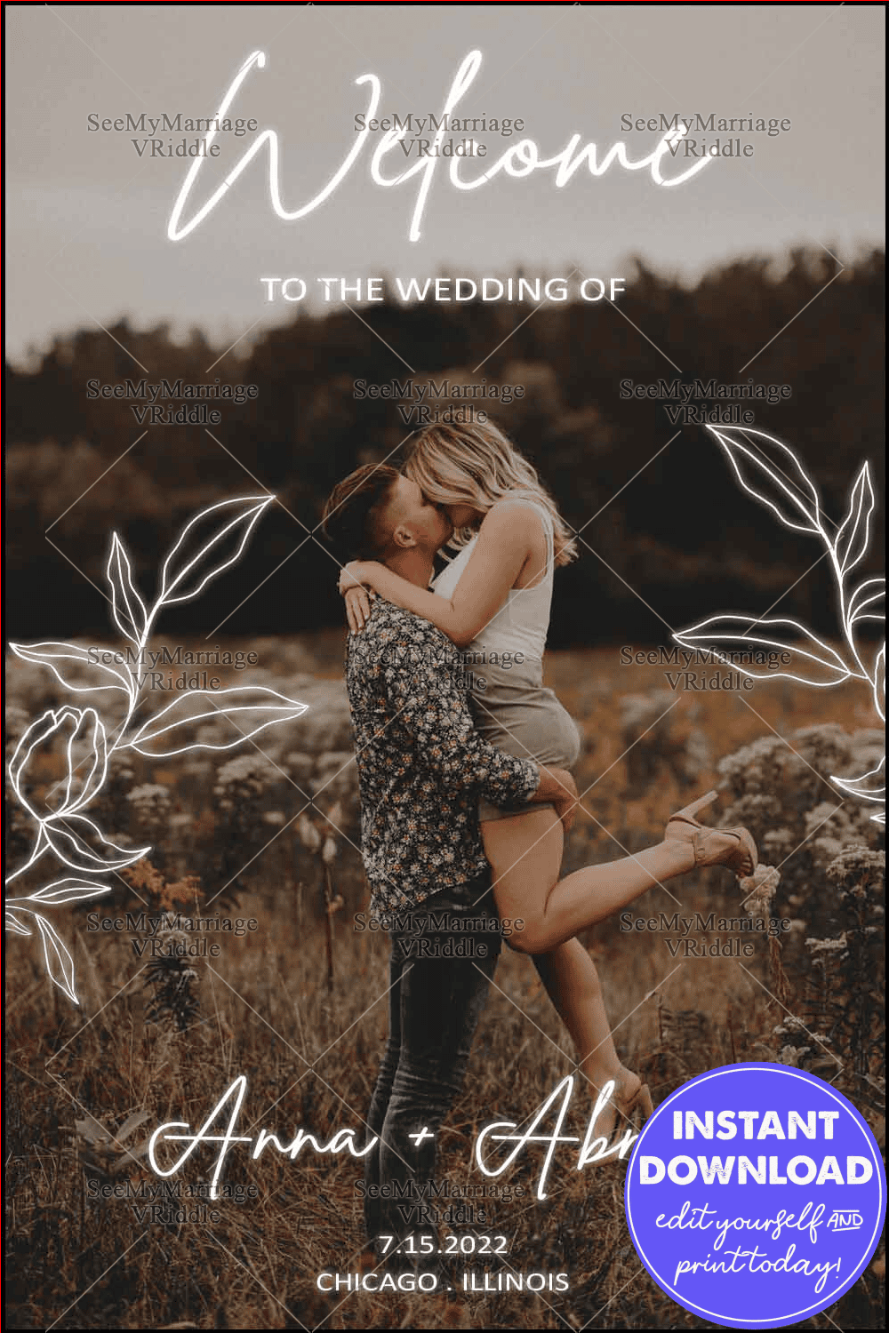 Romantic Wedding Welcome Banner with Couple Photo and Floral Line Art Accents