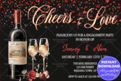Romantic Wine-Themed Engagement Invitation with Red Roses Elegant Touches and Black Background