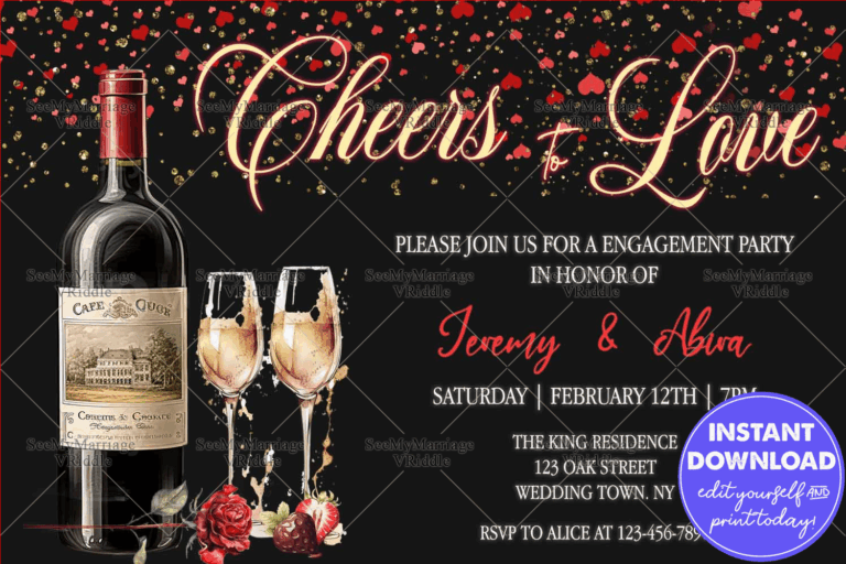 Romantic Wine-Themed Engagement Invitation with Red Roses Elegant Touches and Black Background