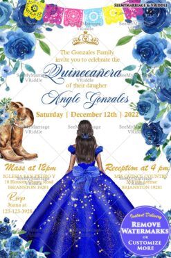 Royal Blue Floral Quinceañera Invitation with Girl wearing Blue Dress and Blue Roses Border