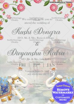 Royal Indian Wedding Invitation with Floral Border & White Elephants