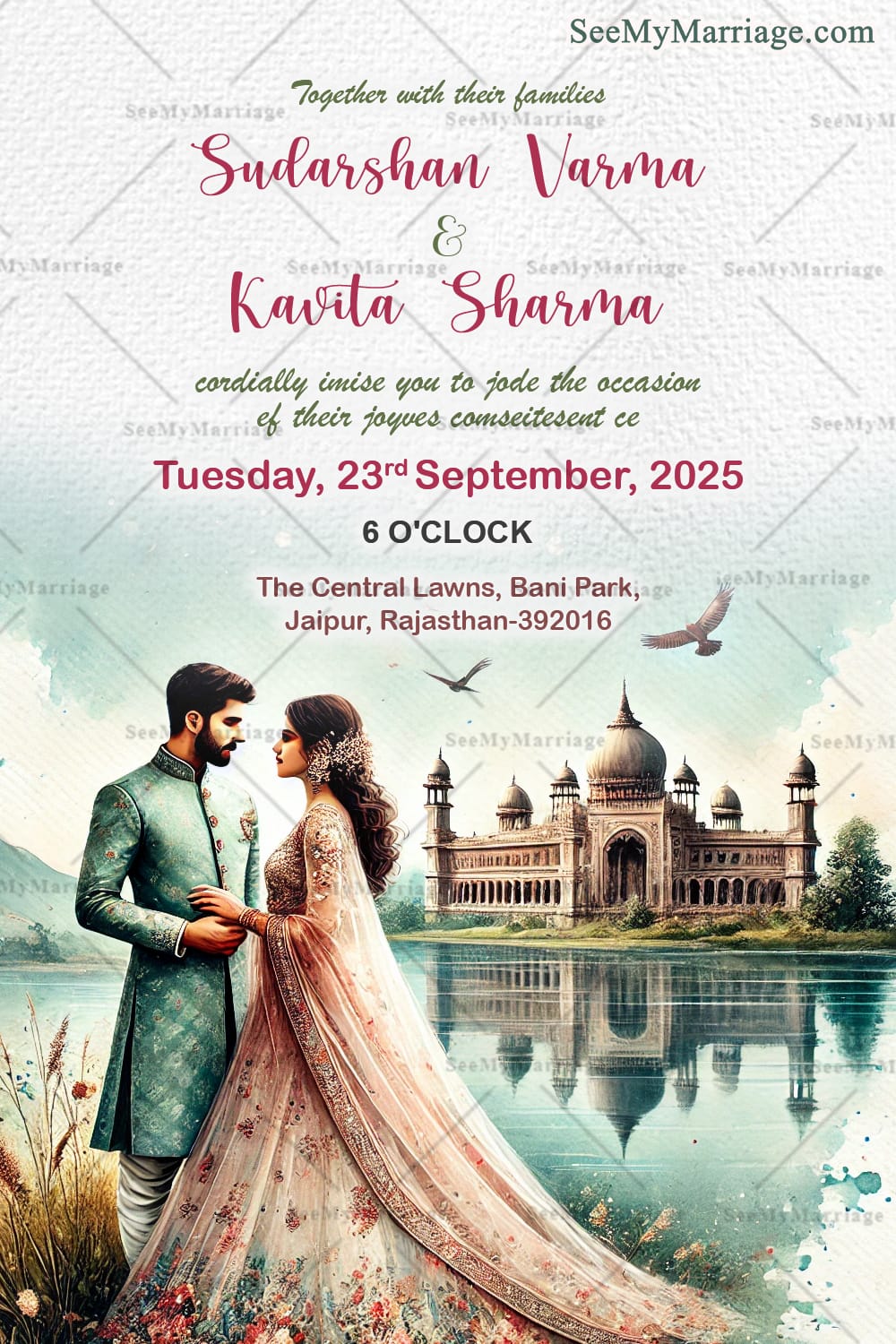 Royal Palace Wedding Invitation with Elegant Couple Illustration