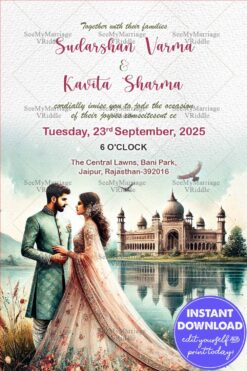 Royal Palace Wedding Invitation with Elegant Couple Illustration