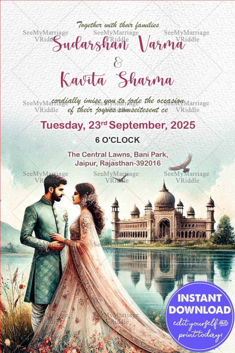 Royal Palace Wedding Invitation with Elegant Couple Illustration