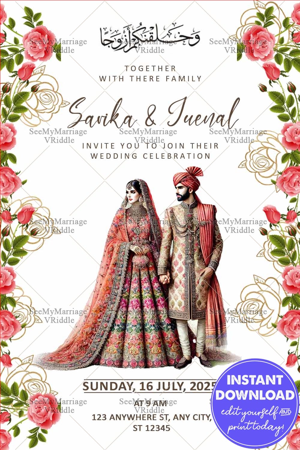 Royal Wedding Invitation Floral Border with Traditional Bride and Groom Design
