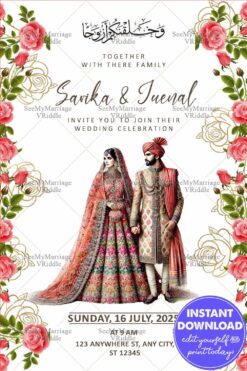 Royal Wedding Invitation Floral Border with Traditional Bride and Groom Design