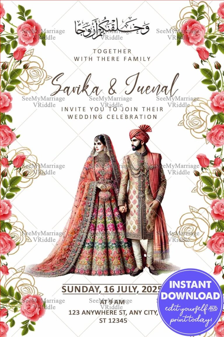 Royal Wedding Invitation Floral Border with Traditional Bride and Groom Design