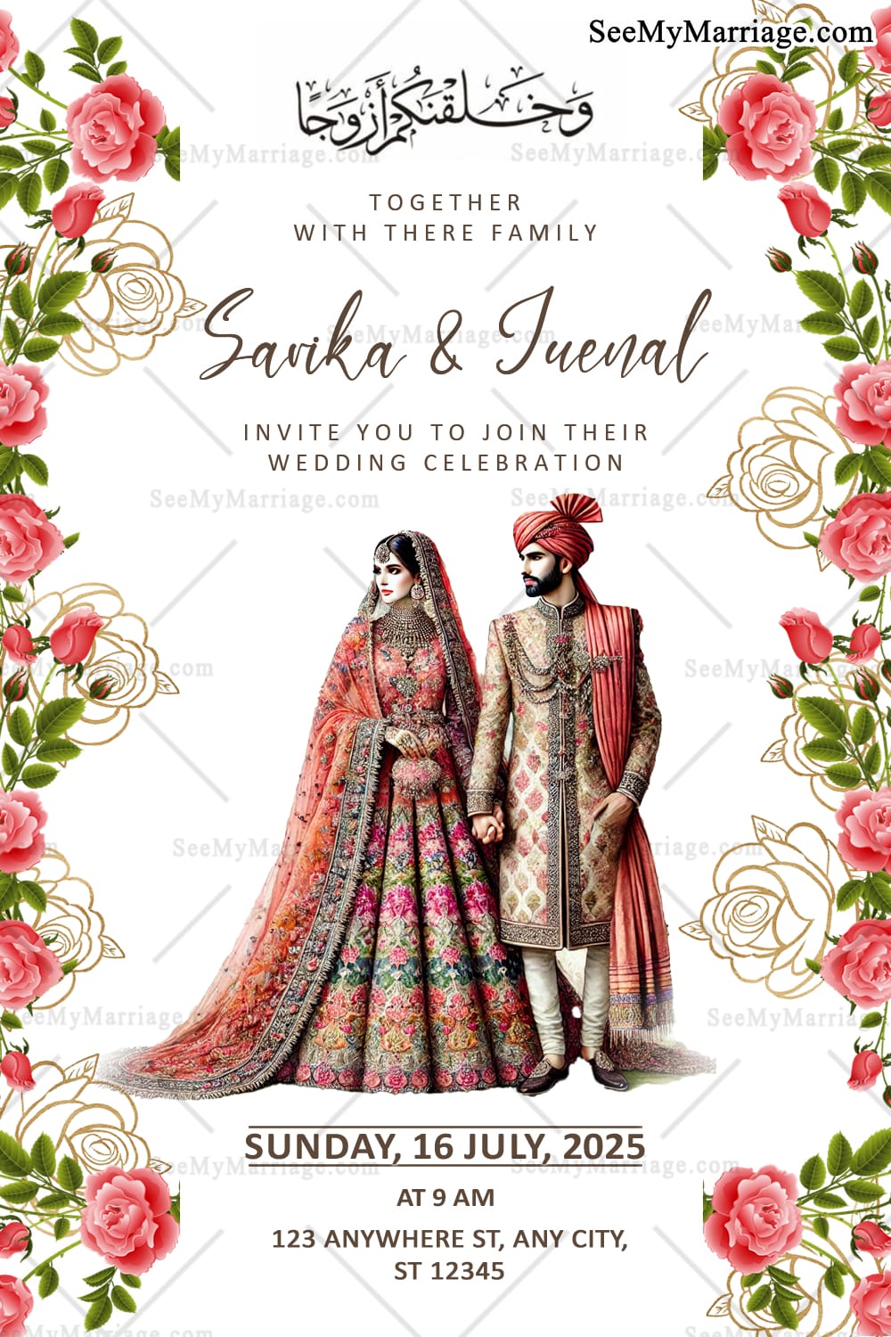 Royal Wedding Invitation Floral Border with Traditional Bride and Groom Design