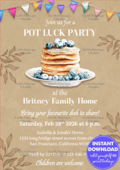 Rustic Beige Potluck Party Invitation Featuring Pancake Stack and Minimal Floral Illustrations