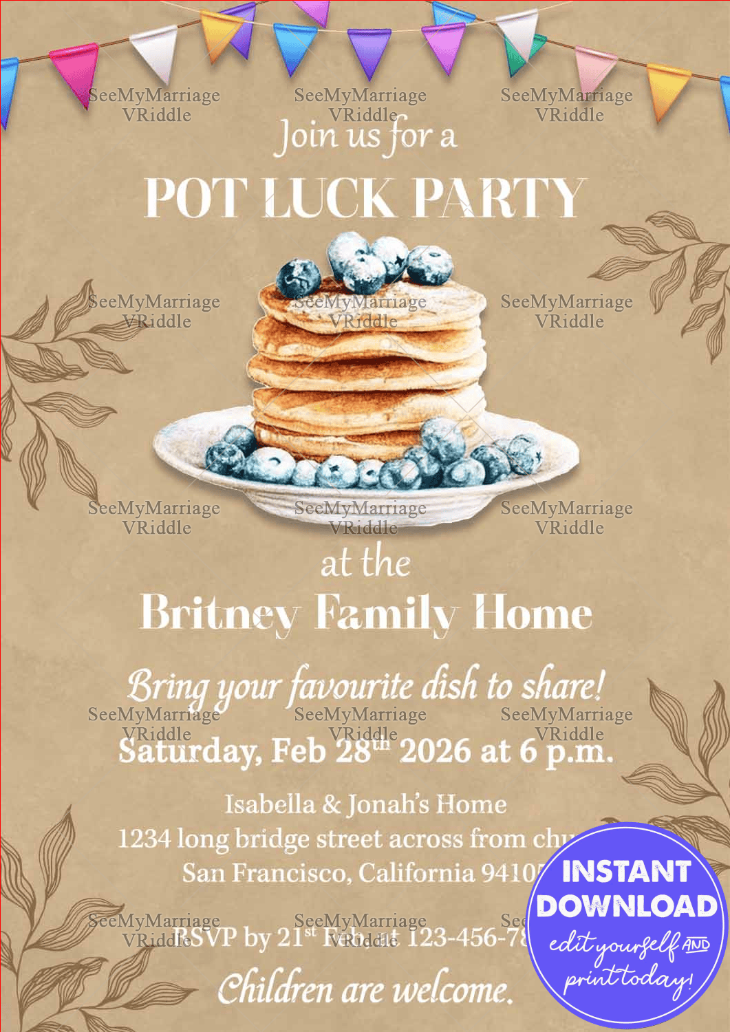 Rustic Beige Potluck Party Invitation Featuring Pancake Stack and Minimal Floral Illustrations