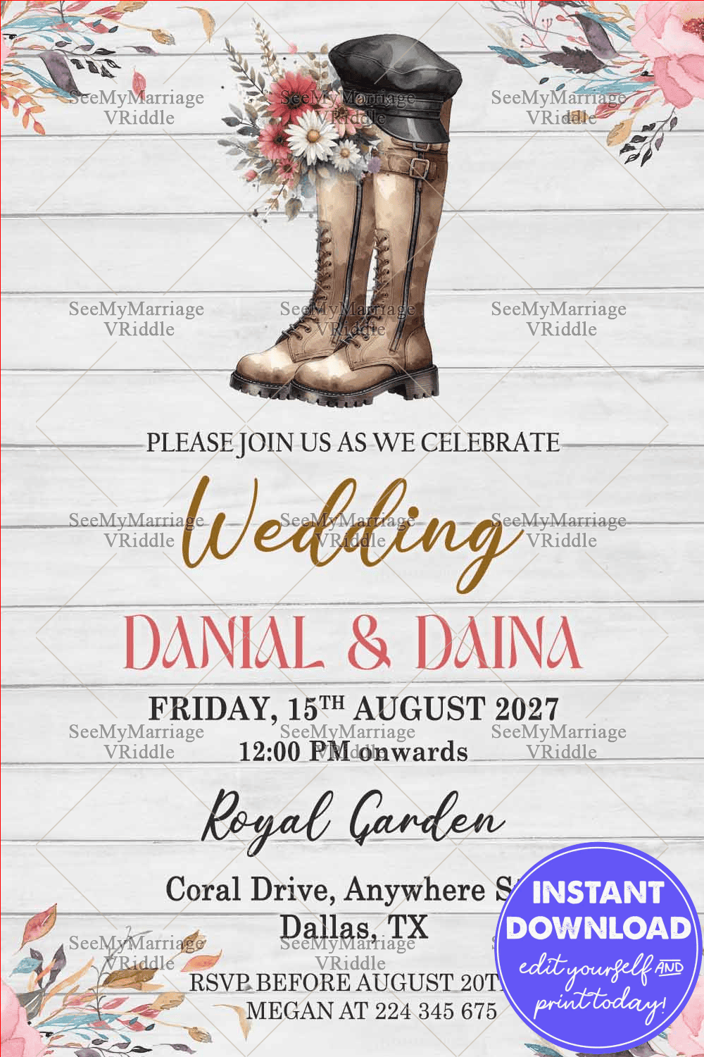 Rustic Boots Wedding Invitation with Floral Accents