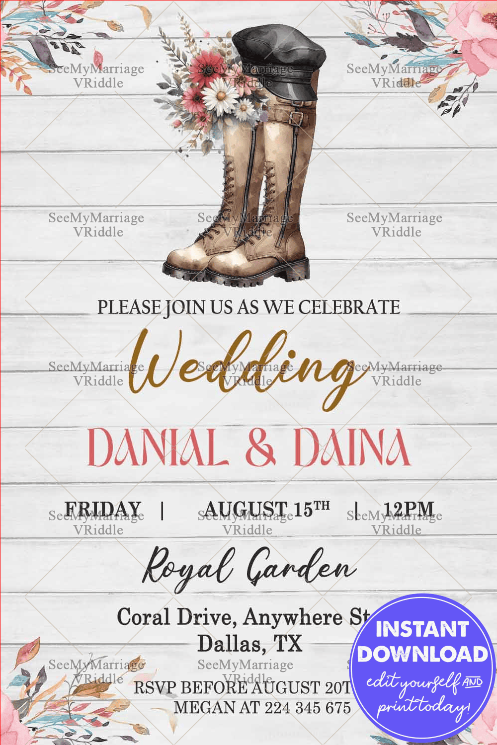 Rustic Boots Wedding Invitation with Floral Accents