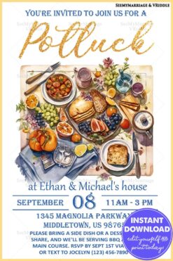 Rustic Potluck Invitation with Watercolor Food Spread and Elegant Text Design