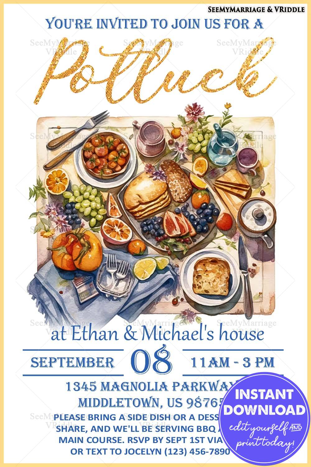Rustic Potluck Invitation with Watercolor Food Spread and Elegant Text Design