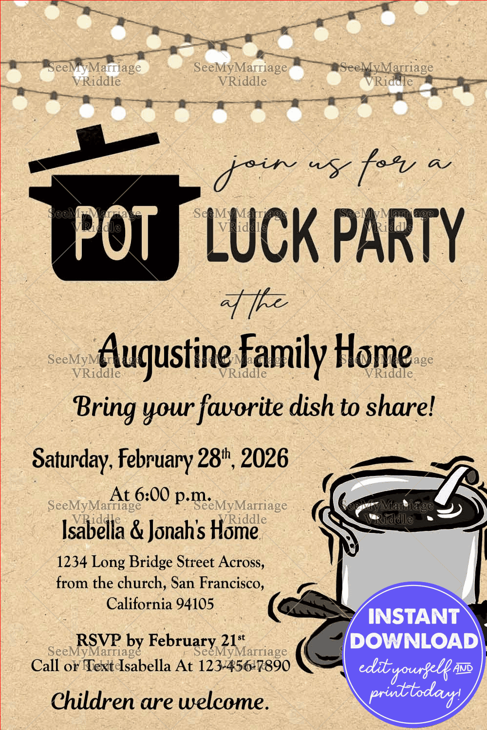 Rustic Potluck Party Invitation Featuring Hand-Drawn Illustrations and a Cozy Kraft Paper Background