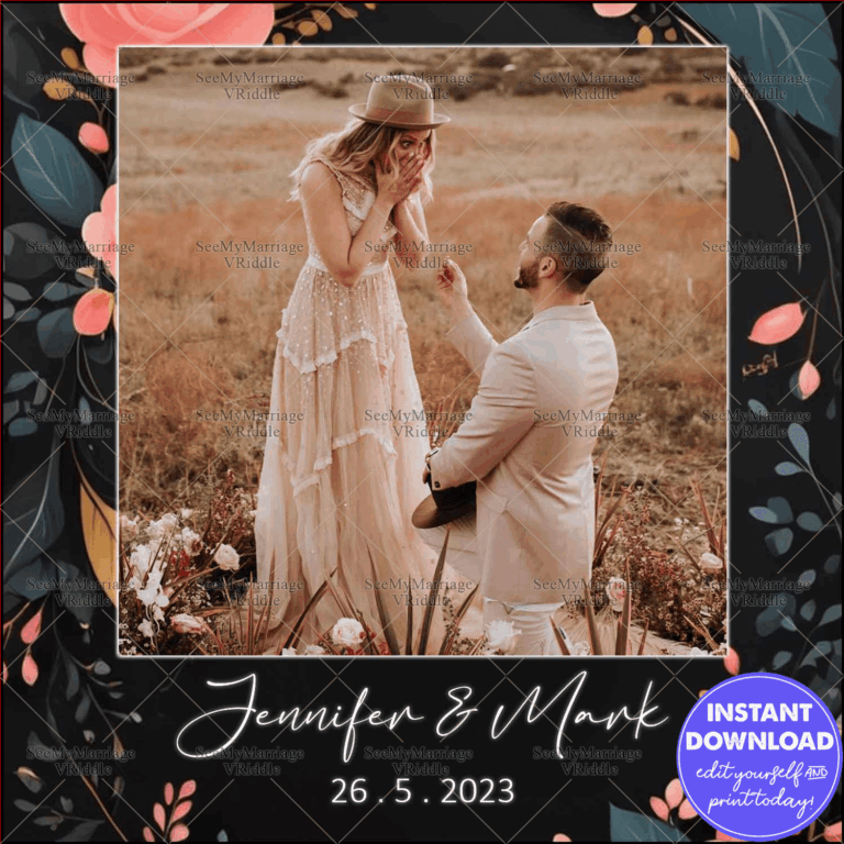 Rustic Proposal Announcement Card with Black Floral Frame, Romantic Couple Photo, and Elegant Typography