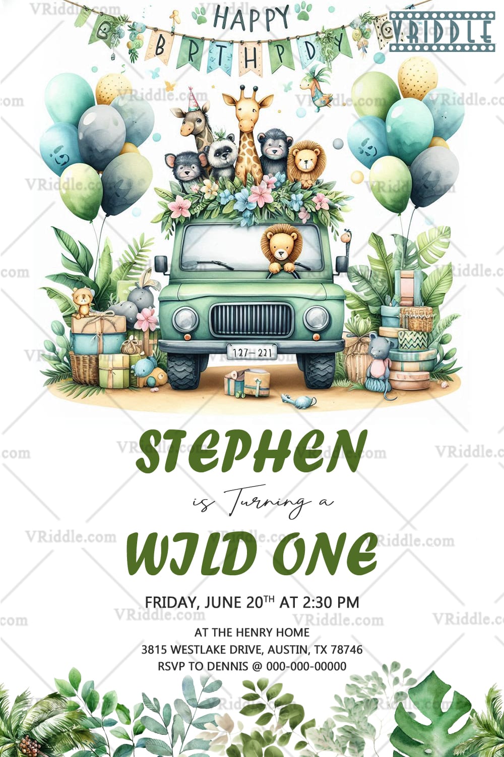 Safari Adventure Birthday Invitation with Jungle Animals