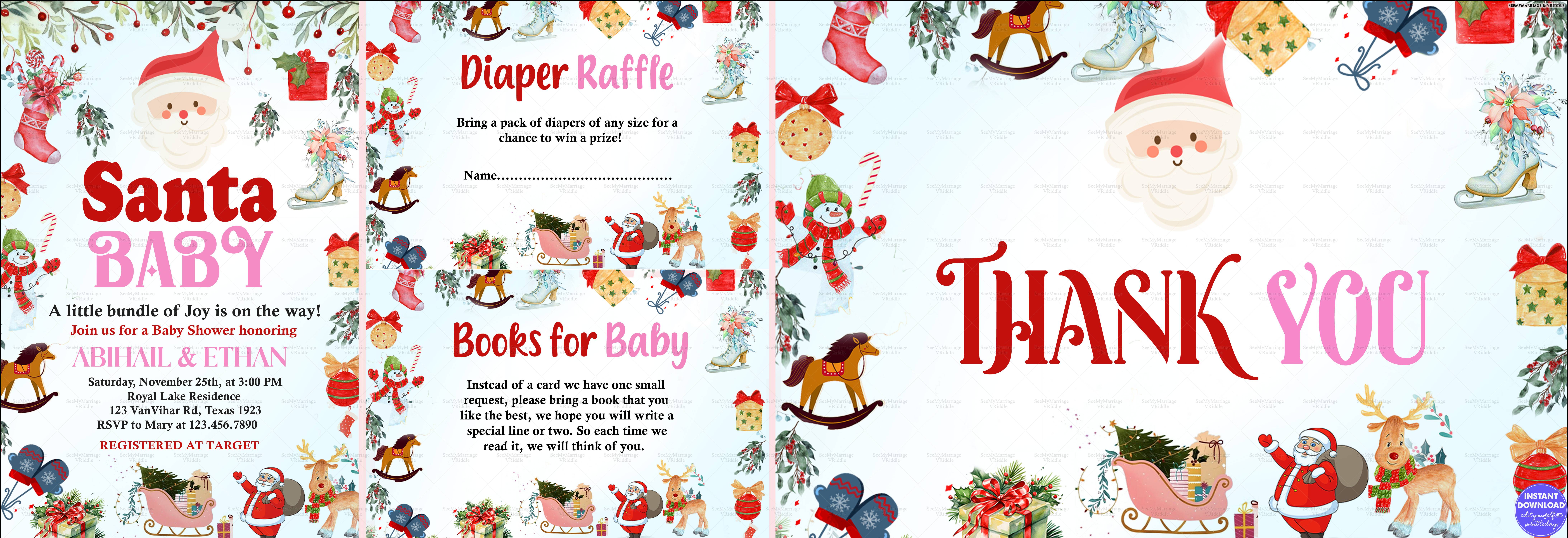 Santa-Themed Baby Shower Invitation with Diaper Raffle and Thank You Section Framed with Christmas Elements