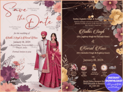 Save The Date Sikh Wedding Invitation with Couple Illustration in Floral Design, Cream-Brown Theme and Event Details