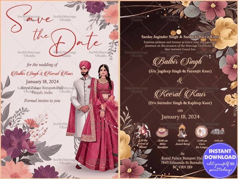 Save The Date Sikh Wedding Invitation with Couple Illustration in Floral Design, Cream-Brown Theme and Event Details